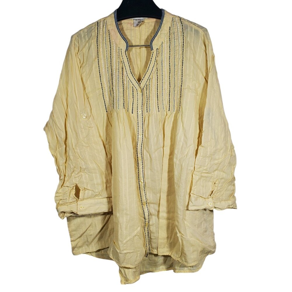 Roamans Button Tunic Top 26W Embroidered Seersucker Roll-Tab V-Neck 3/4 Sleeve